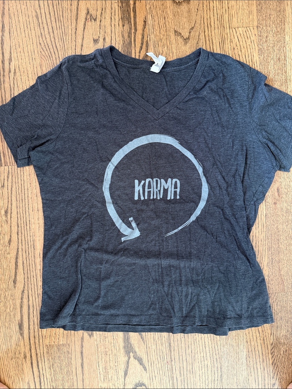 Karma Graphic V-Neck Short Sleeve Tee - Charcoal